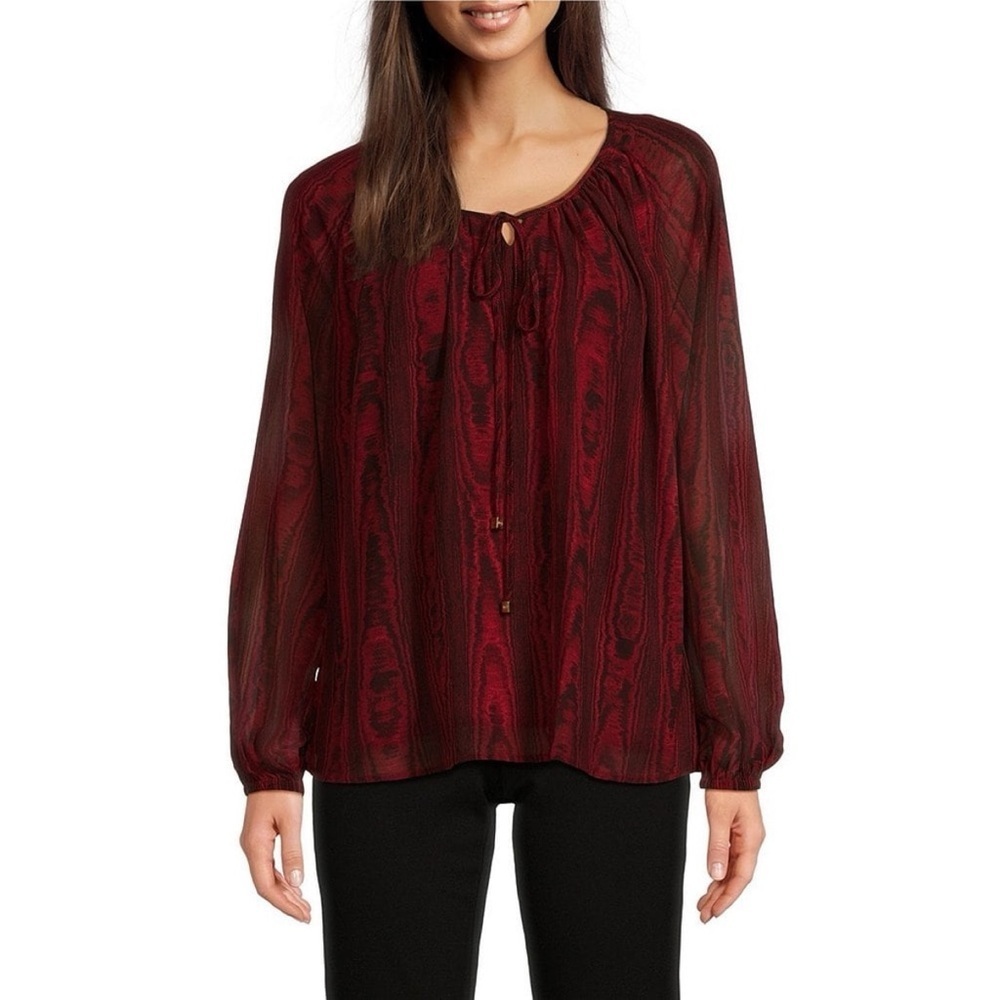 NEW Michael Michael Kors Moire Tie Crew Neck Long Sleeve Top Rhubarb Red